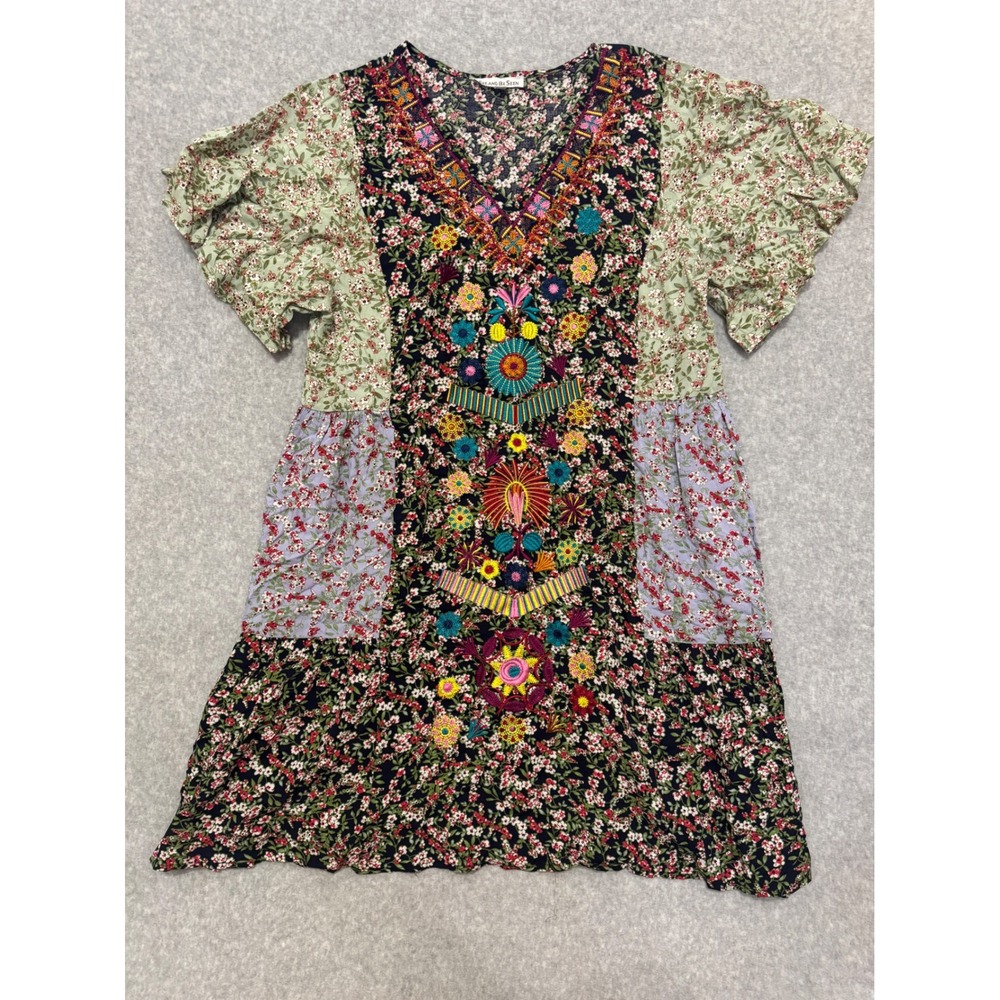 See And Be Seen Floral Patchwork Embroidered Boho Dress Navy Green Large